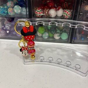 Handcrafted Beaded Minnie Mouse Red and Gold Keychain